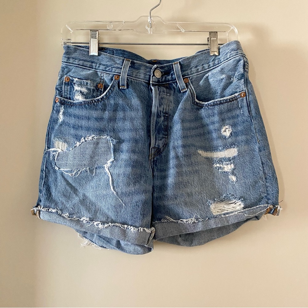 Levi’s 501 High Rise Distressed Rolled Cuff Denim Shorts